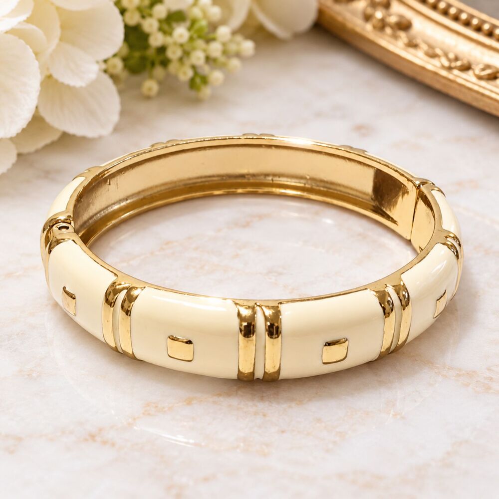 Gold Tone Cream Enamel Hinged Bangle Bracelet Geometric Design